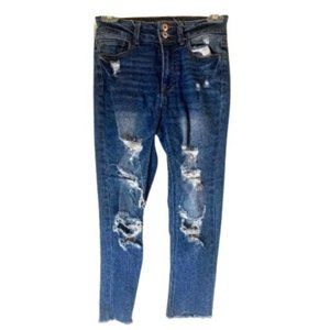 NOBO Women's Dark Wash Blue Distressed Relaxed Skinny Jeans HIGH-Rise SZ 1